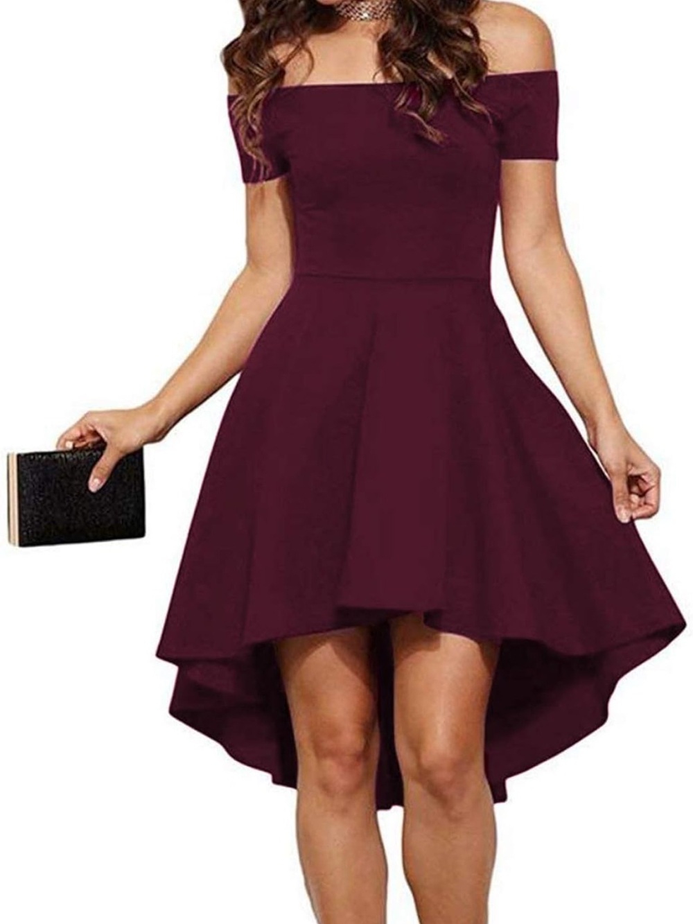 Off-Shoulder High-Low Dress in Wine